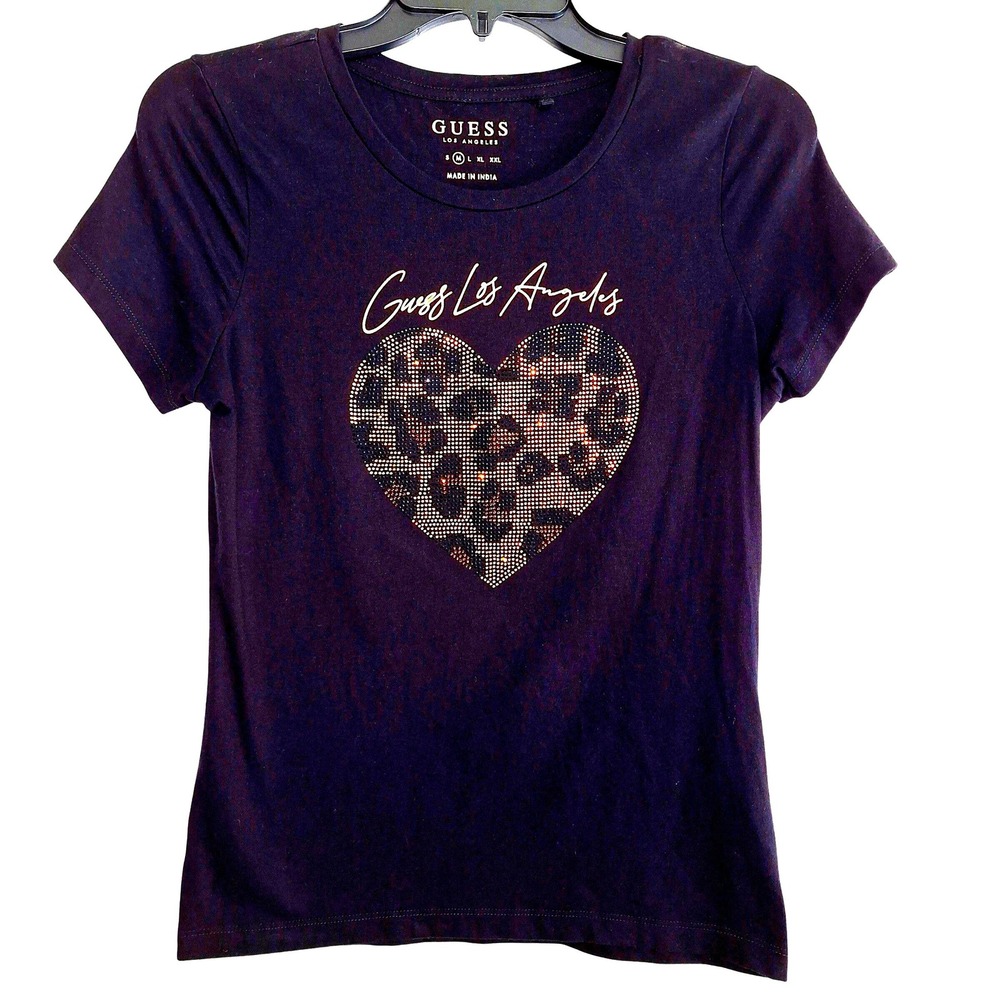 Guess Los Angeles Womens Black Leopard Heart Studded Graphic M Baby Tee Y2K